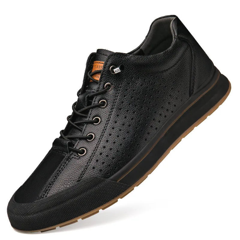 Men's white breathable shoes with matte leather upper and 6CM flat heel, showing round toe design