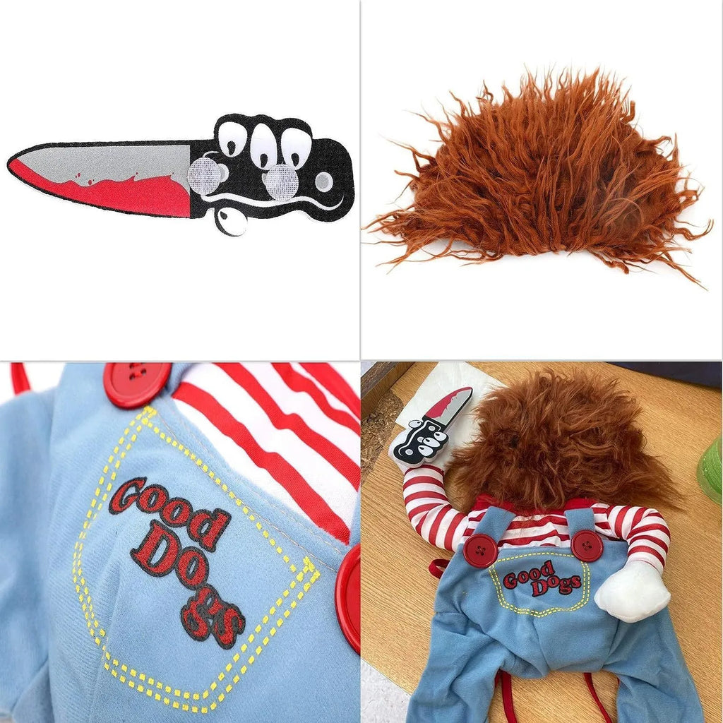 Black and orange striped Halloween costume set for pets with harness pants, vest and plastic knife accessory