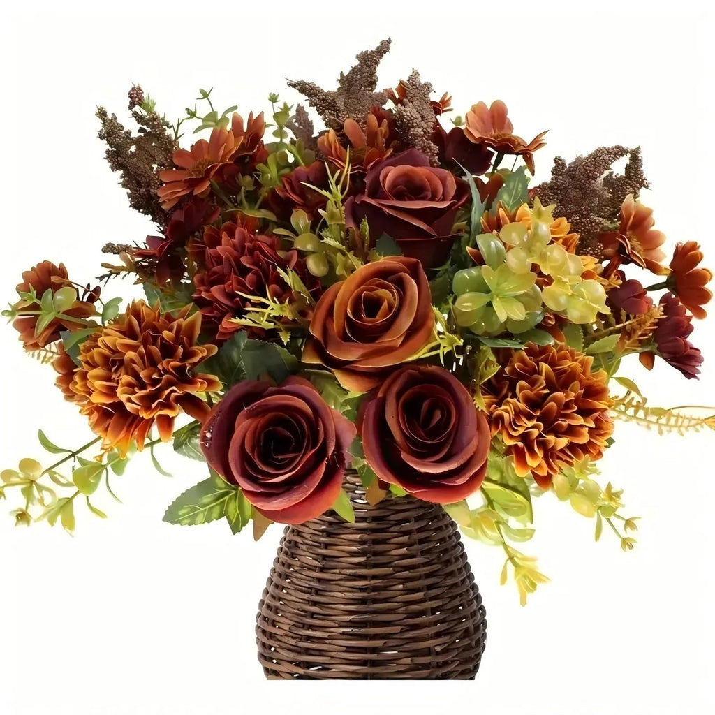 Close-up of an artificial Autumn Hydrangea silk flower bouquet in champagne colour