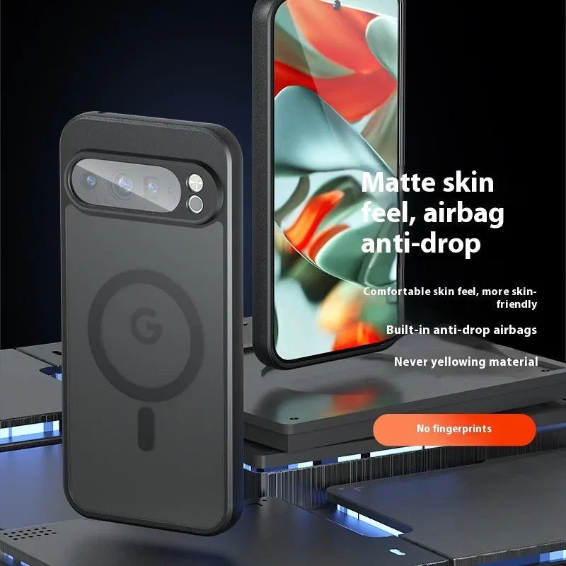 Magnetic Black phone case for Google Pixel, matte TPU PC cover with shockproof and anti-fingerprint features