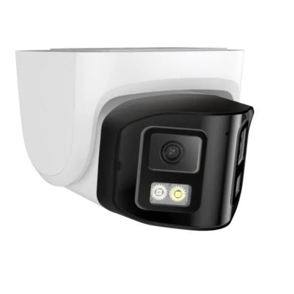 4MP dual-lens IP66 waterproof CCTV webcam measuring 124x72x201mm for indoor and outdoor surveillance