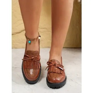 Women's brown bow loafers with artificial PU uppers for spring and autumn wear