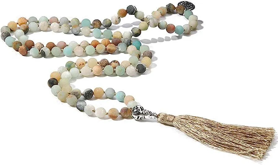 Handmade knotted beaded necklace with 108 stone pendants showing colour variations