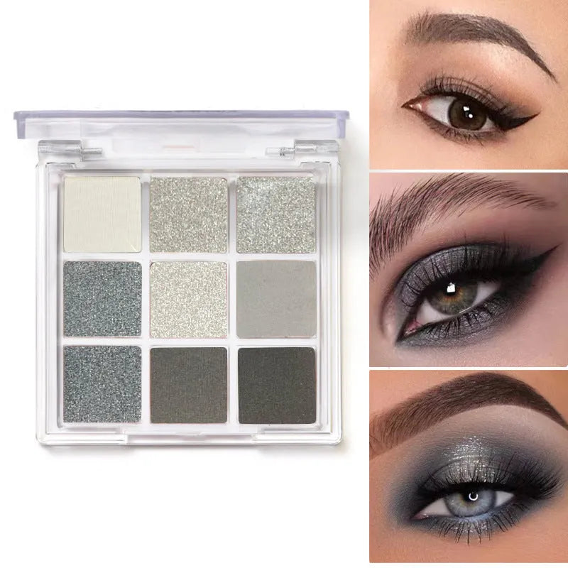 Smoked nine-colour eye shadow palette showing shades including white, silver, black, and iron grey.