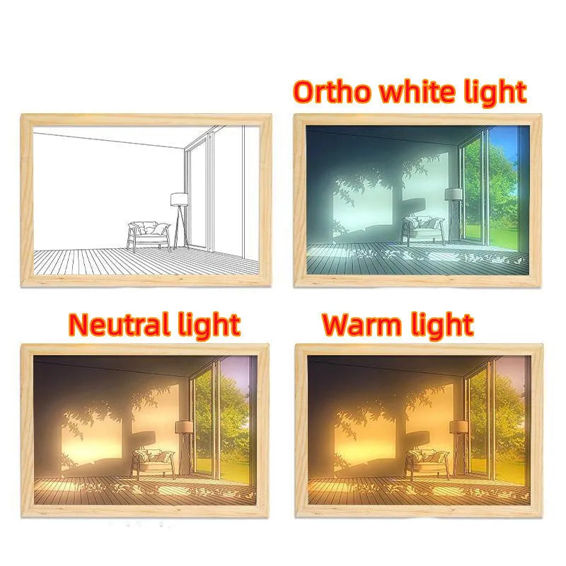 Modern rectangular acrylic LED light painting showing a serene landscape scene, illuminated from behind on a bedside table.