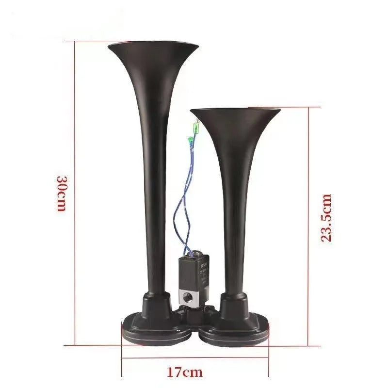 Black 12V 24V 300DB dual trumpet air horn kit with compressor for vehicle installation