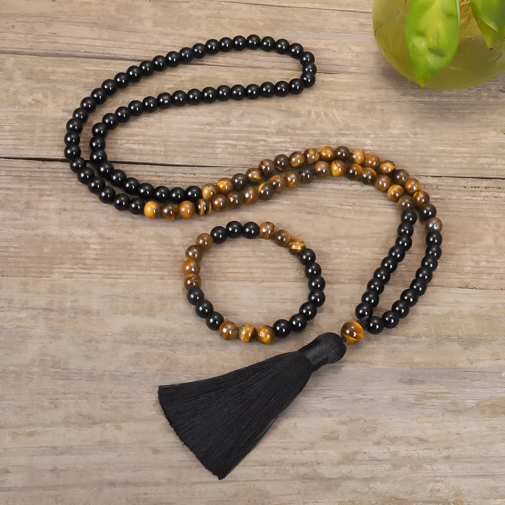 Tiger eye stone tassel chain necklace with ball beads and drop pendant
