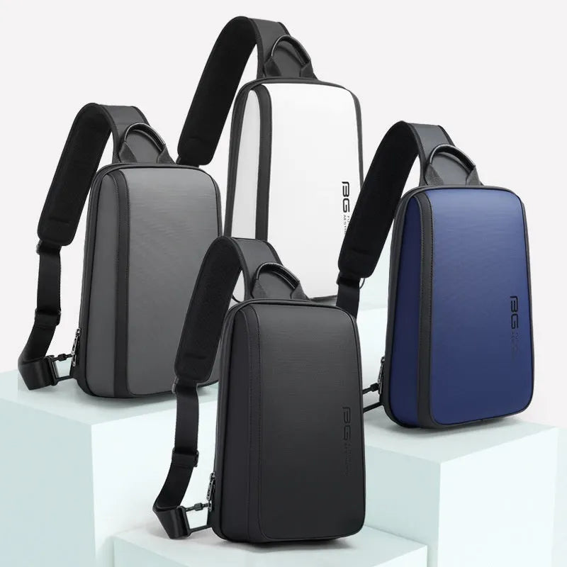 Blue men's chest bag with double connector shoulder straps showing 33x21x10cm dimensions and Oxford cloth material