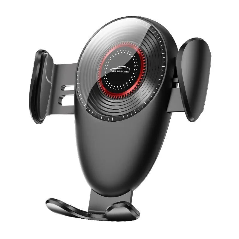 Matte black universal car phone bracket with mechanical support frame mounted on car dashboard