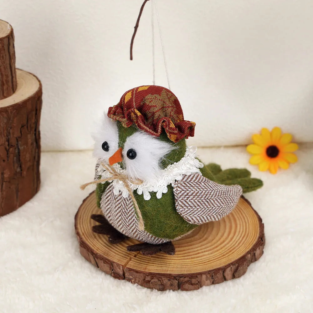 Handcrafted owl pendant ornament with harvest design for Thanksgiving window or desktop display