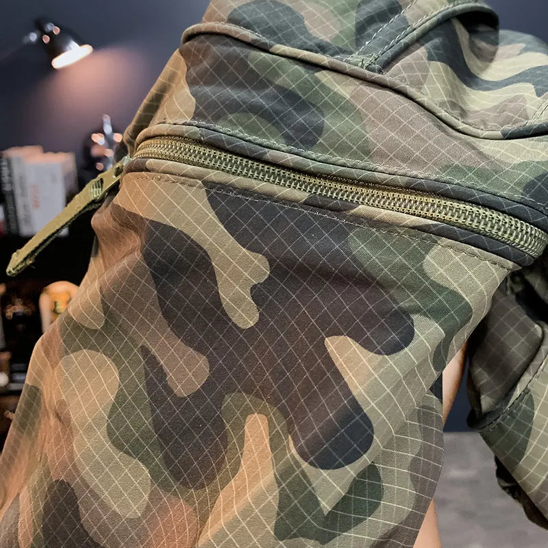 Men's loose fit camouflage cargo shorts with cargo pockets on a mannequin.
