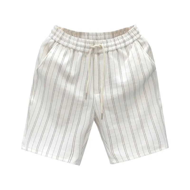 Men's black and white striped casual shorts with fleece lining, double-layer waistband, and ankle banding on straight-leg design