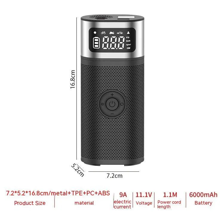 Black portable wireless smart air pump with LCD screen, LED light, inflation tube, and multiple nozzles on a white background.
