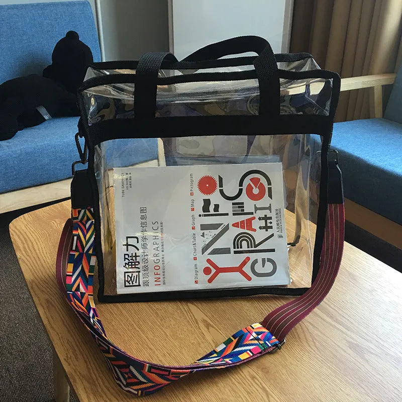 Women's transparent front PVC shoulder messenger bag in navy blue with adjustable straps