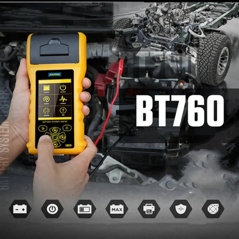 Autool BT760 vehicle battery tester with colour screen, test clips, and printed diagnostic receipt on a workshop bench
