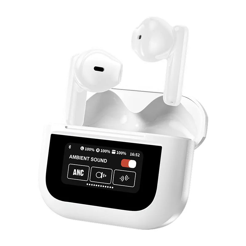 YX28 black Bluetooth headset with touch screen display and ear hook design shown from side angle