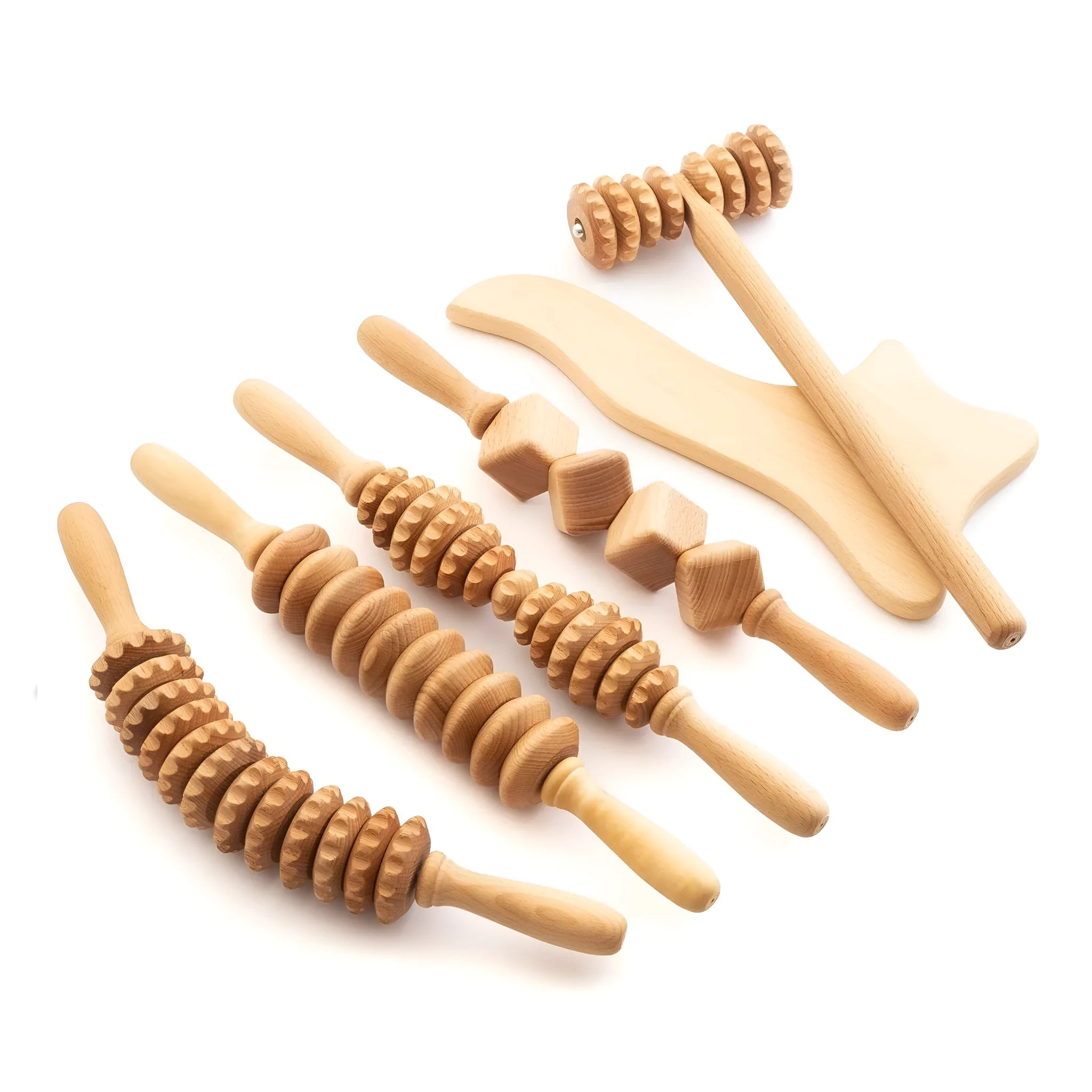 Assortment of natural beechwood massage rollers and Gua Sha tools including T-shaped and multi-wheel designs.