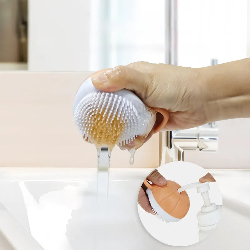 Orange TPR dog bath brush with shampoo dispenser and comb teeth for pet grooming