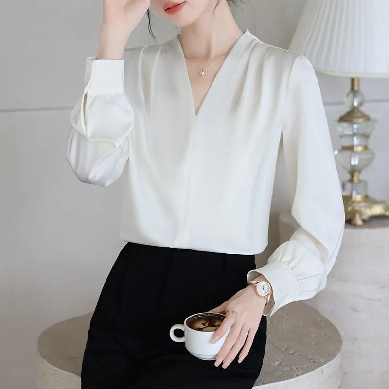 Women's blue slim fit long sleeve shirt with 3D stitching detail on mixed colour satin fabric