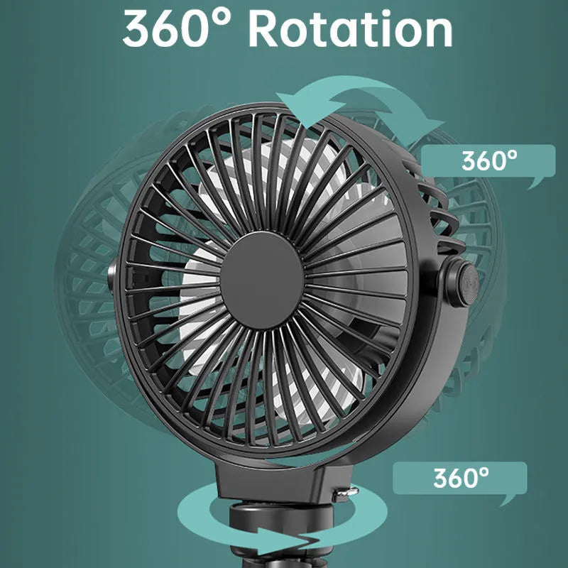 Black flexible tripod clip fan showing wrapped legs and 360° rotating head