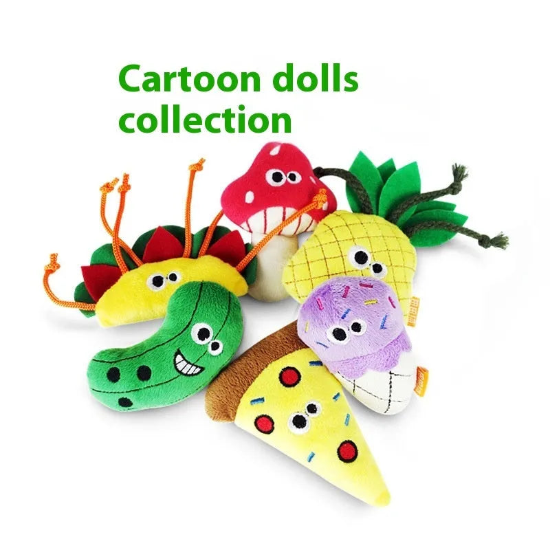 Six Polygonum Multiflorum wooden cat toys shaped like burrito, cone, cucumber, mushroom, pineapple, and pizza with catnip plush