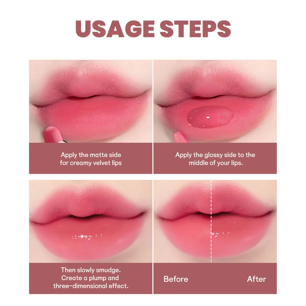 Double-headed lipstick showing matte end and gloss end with 10 colour options numbered 01-10