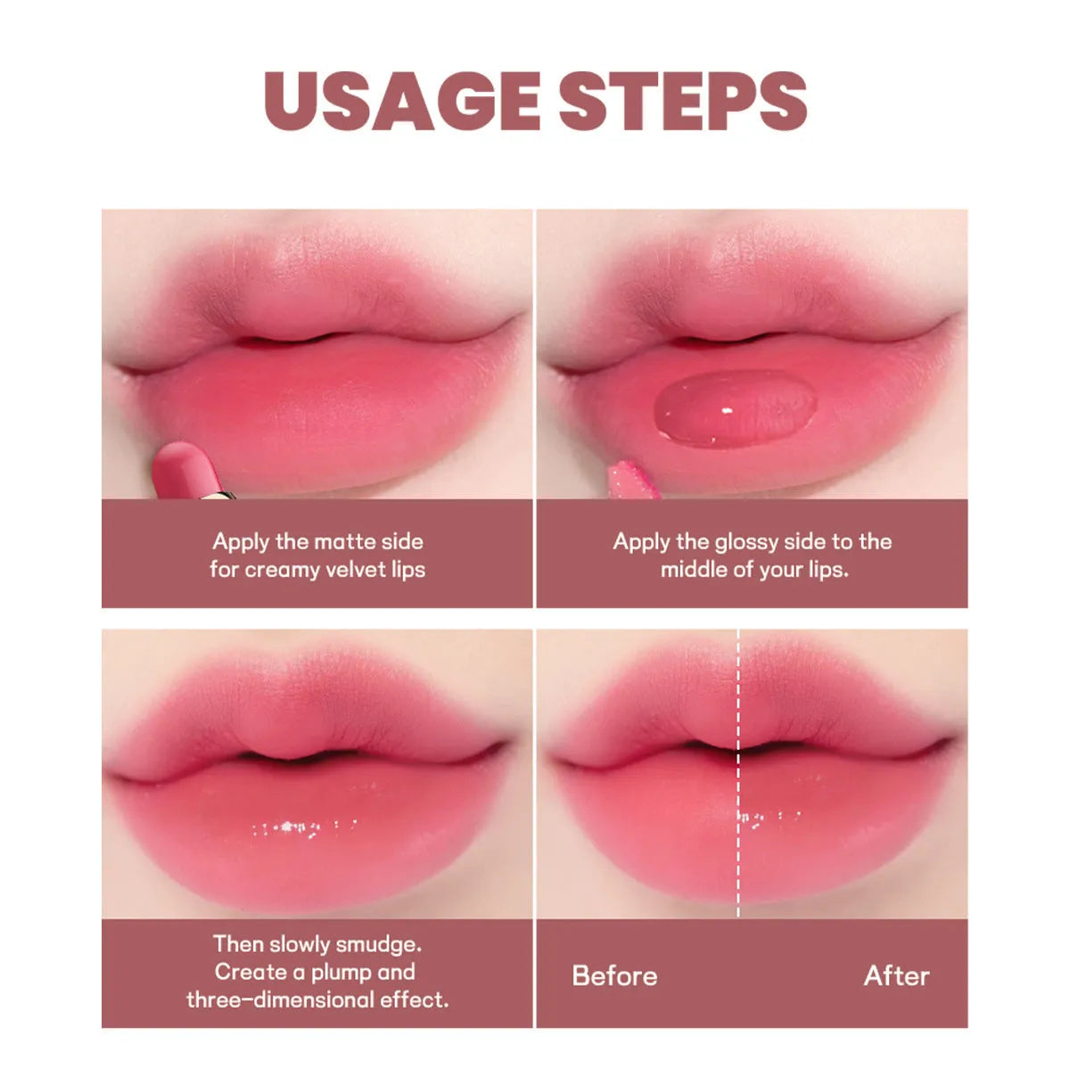 Double-headed lipstick showing matte end and gloss end with 10 colour options numbered 01-10