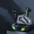 Black wireless Bluetooth headset with earplug design for sports and gaming, showing compact size
