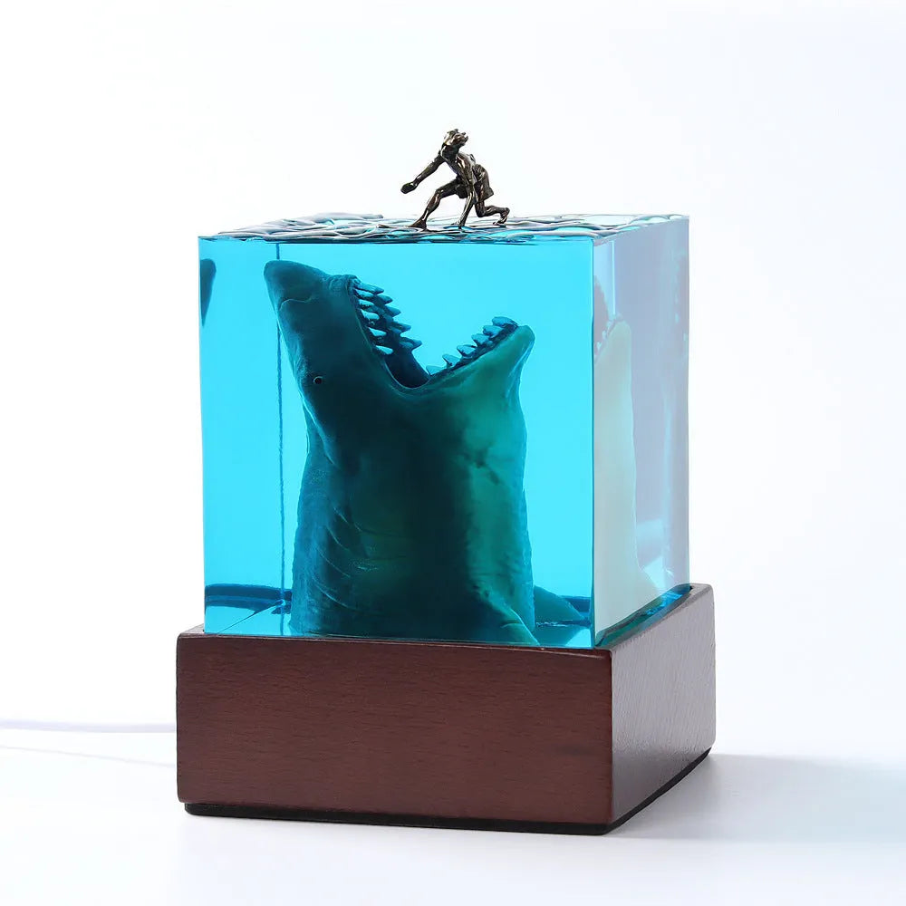 Ocean Shark Surfer resin night light ornament with integrated LED holder in 5cm or 8cm size, showing handcrafted shark surfing scene