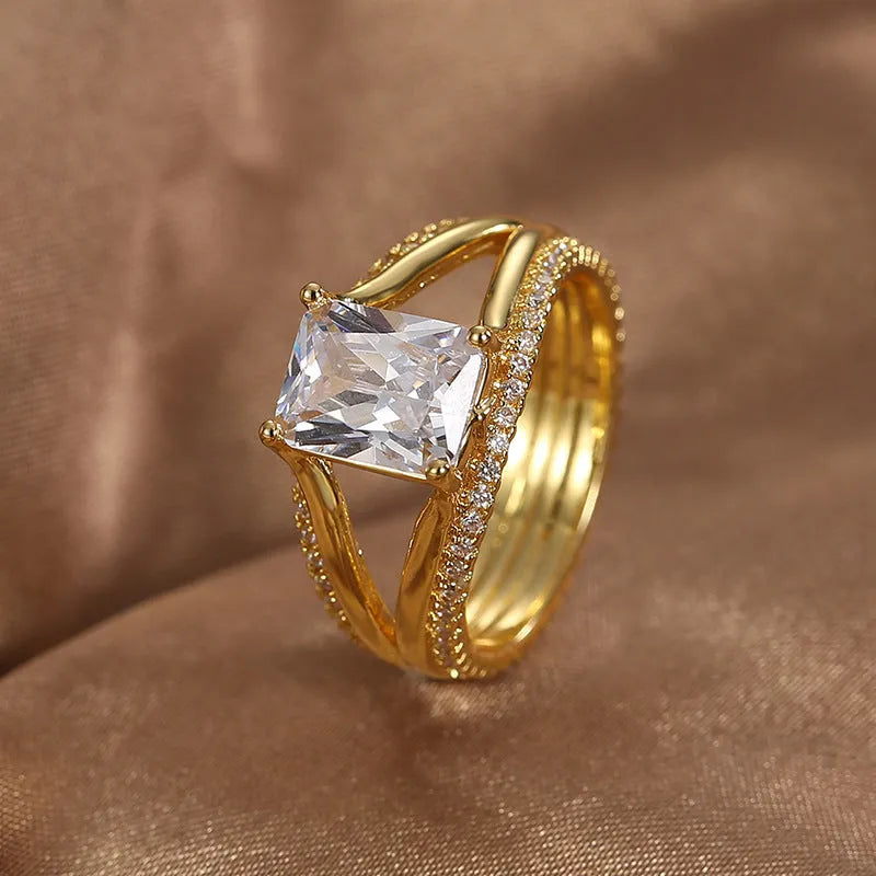 Gold electroplated geometric women's ring with square zircon stone detail