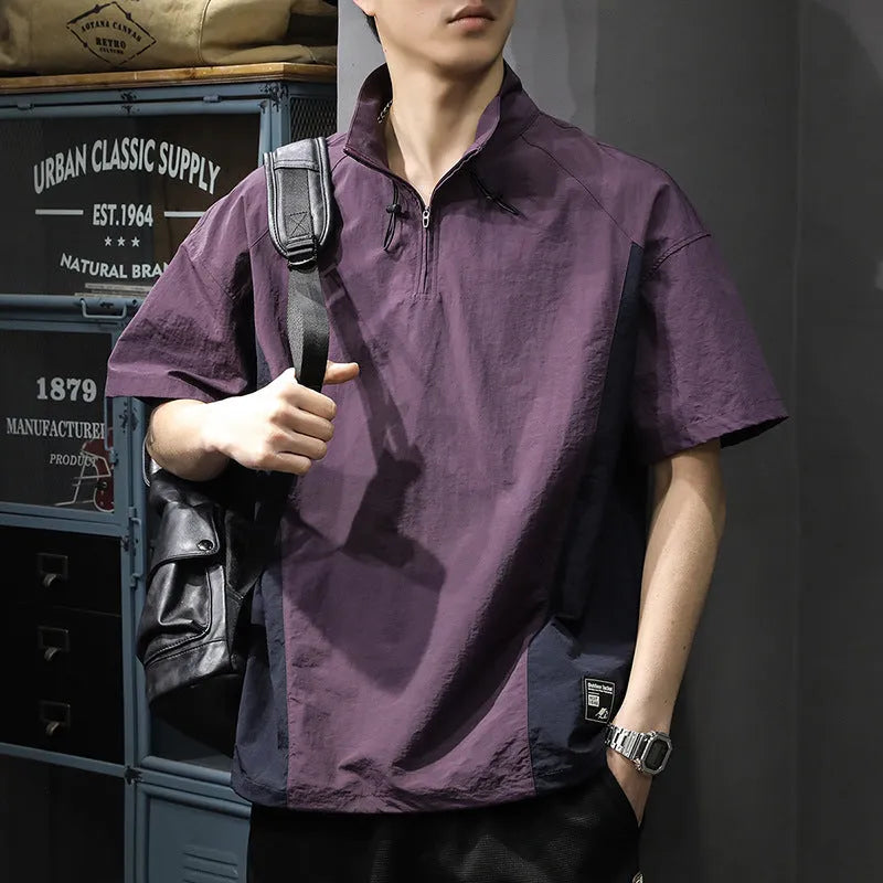 Men's business shirt casual T-shirt in brown or purple with half-zipped stand collar and short sleeves for summer.
