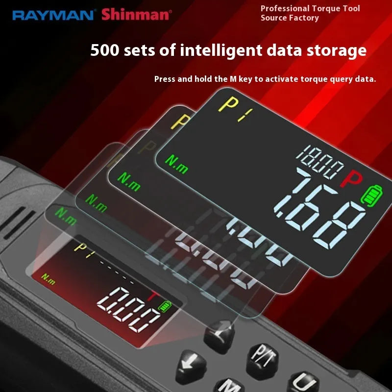 Electronic digital display torque wrench showing torque measurement with triple warning indicators