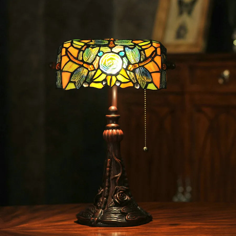 10-inch Tiffany stained glass table lamp with coloured panels, 36cm tall and 25cm wide, featuring E27 holder and resin base