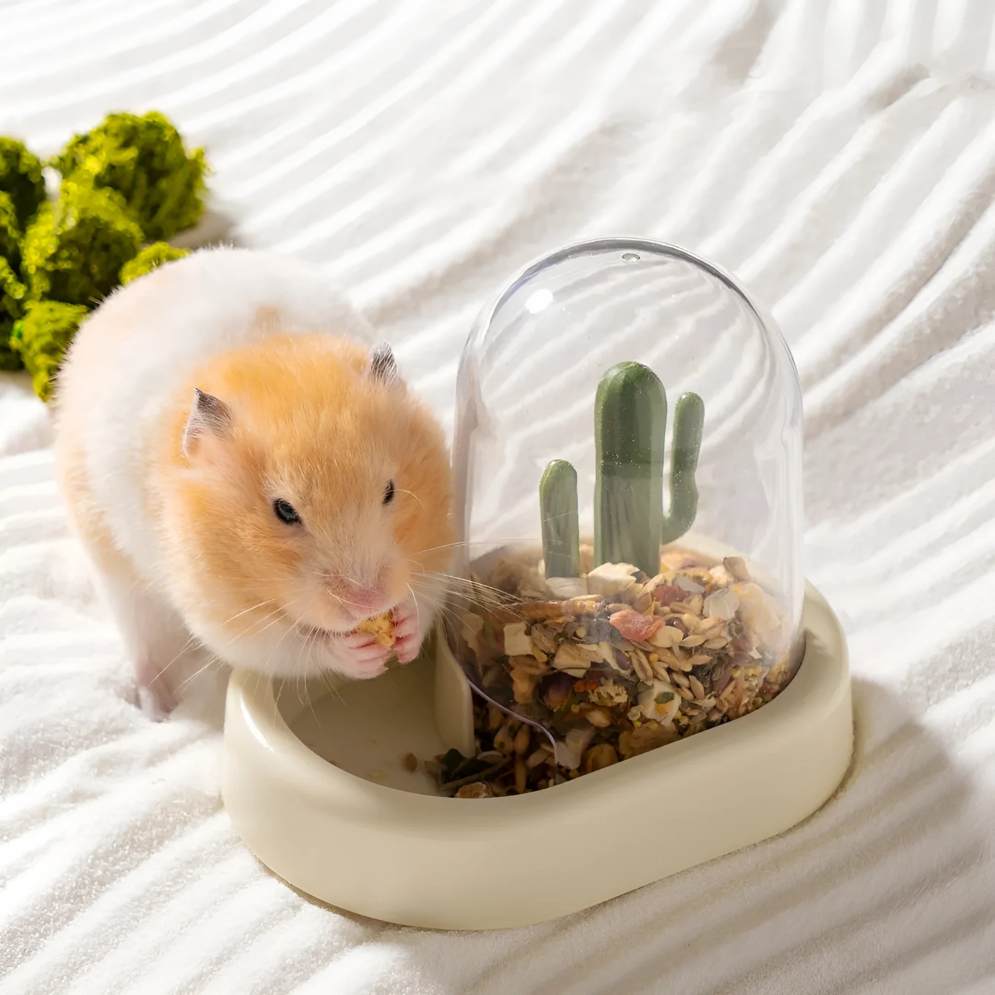 Automatic hamster feeder with transparent food chamber in vanilla yellow colour