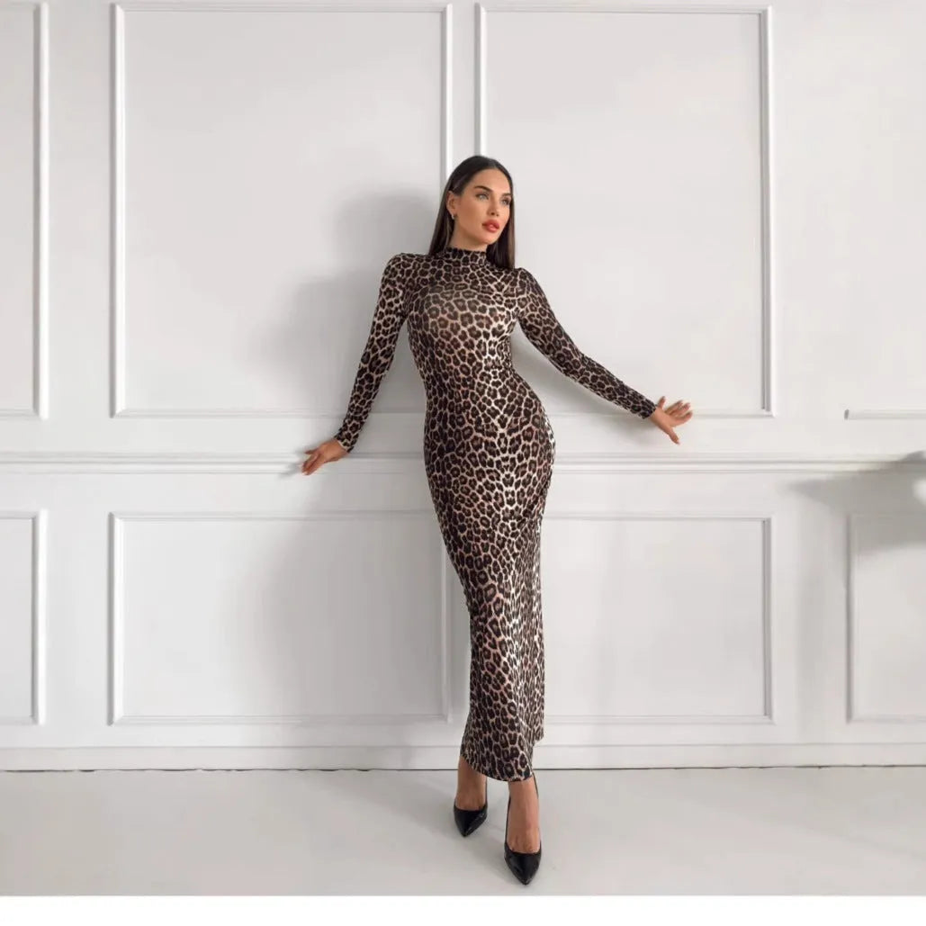 Leopard print women's dress with stand collar, long sleeves, and high waist hip skirt design