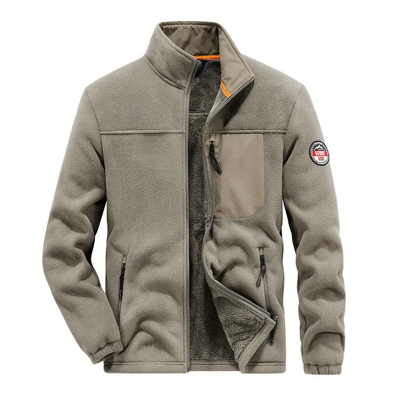 Men's grey fleece cardigan jacket with zippered pockets and regular length fit
