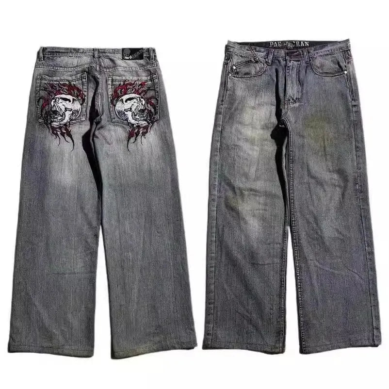 Men's grey wide-leg jeans with straight-leg design and washed-out finish for retro workwear style