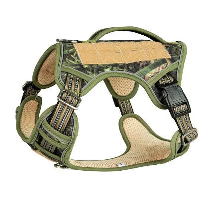 Tactical dog chest strap made from Oxford cloth, shown in olive green colour.