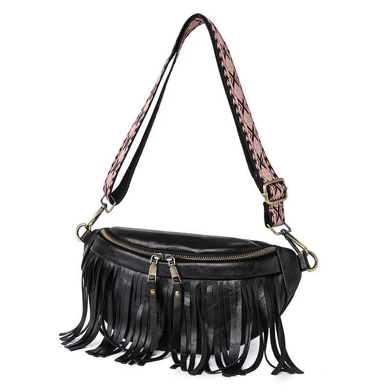 Retro style messenger bag with tassel decoration and pleated design in medium-soft PU material