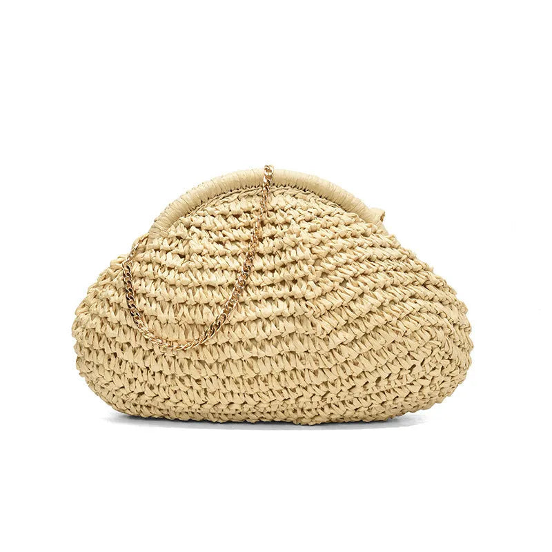 Women's khaki paper straw shoulder bag with a chain strap and shell shape.