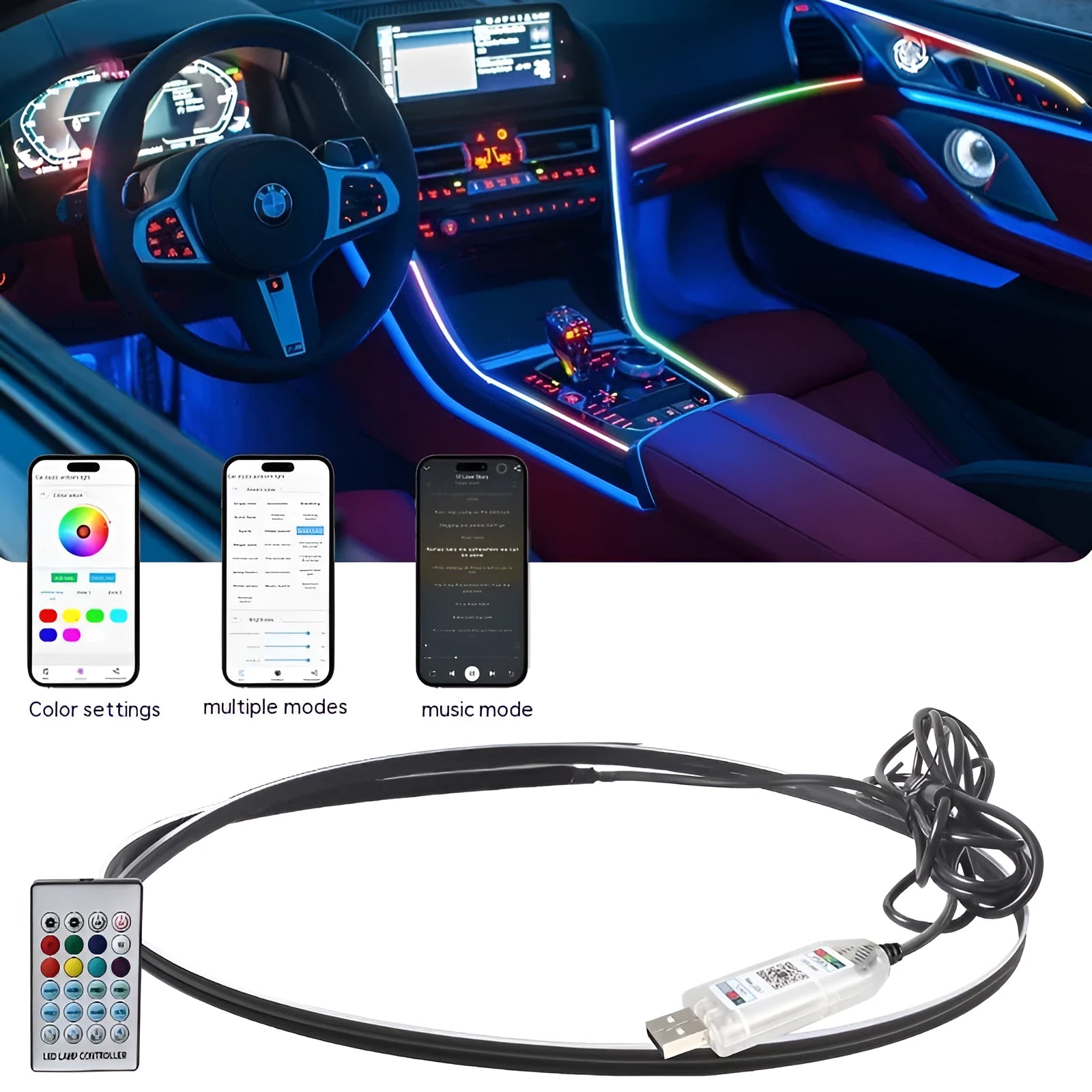 Car interior LED ambient lighting strip with remote control and USB connection