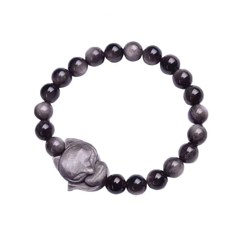Obsidian gemstone bracelet with 8mm fox head pendant and adjustable knot closure