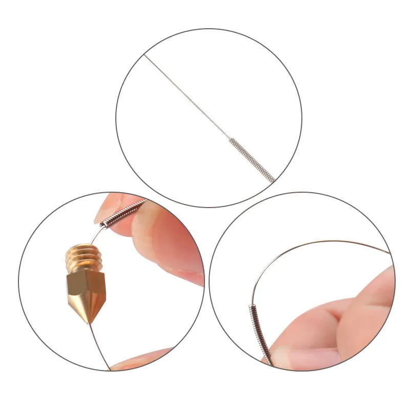 Ten metal nozzle cleaning needles for Mk8 and E3D 3D printers in five sizes from 0.2mm to 0.4mm diameter.