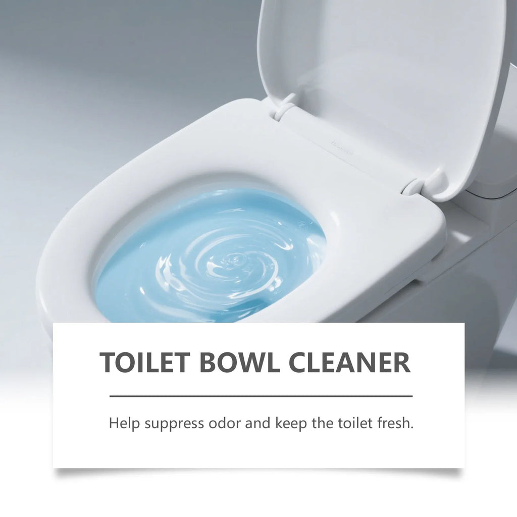 Four 30g sachets of toilet cleaning powder showing ingredients including sodium bicarbonate and citric acid