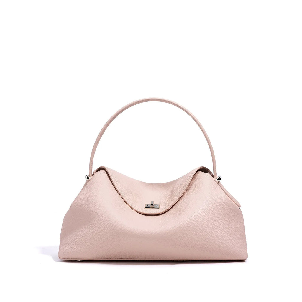Cowhide leather shoulder messenger bag in a pillow shape with double straps, shown in one of five colour options.