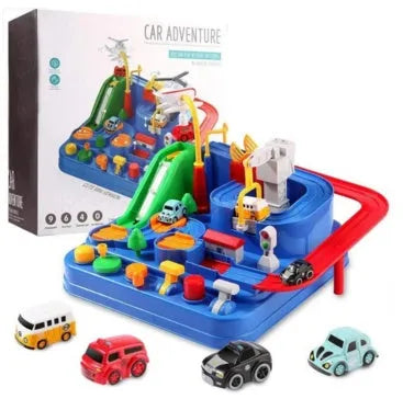 Toy car track set with parking lot adventure layout and multiple colour trolley options