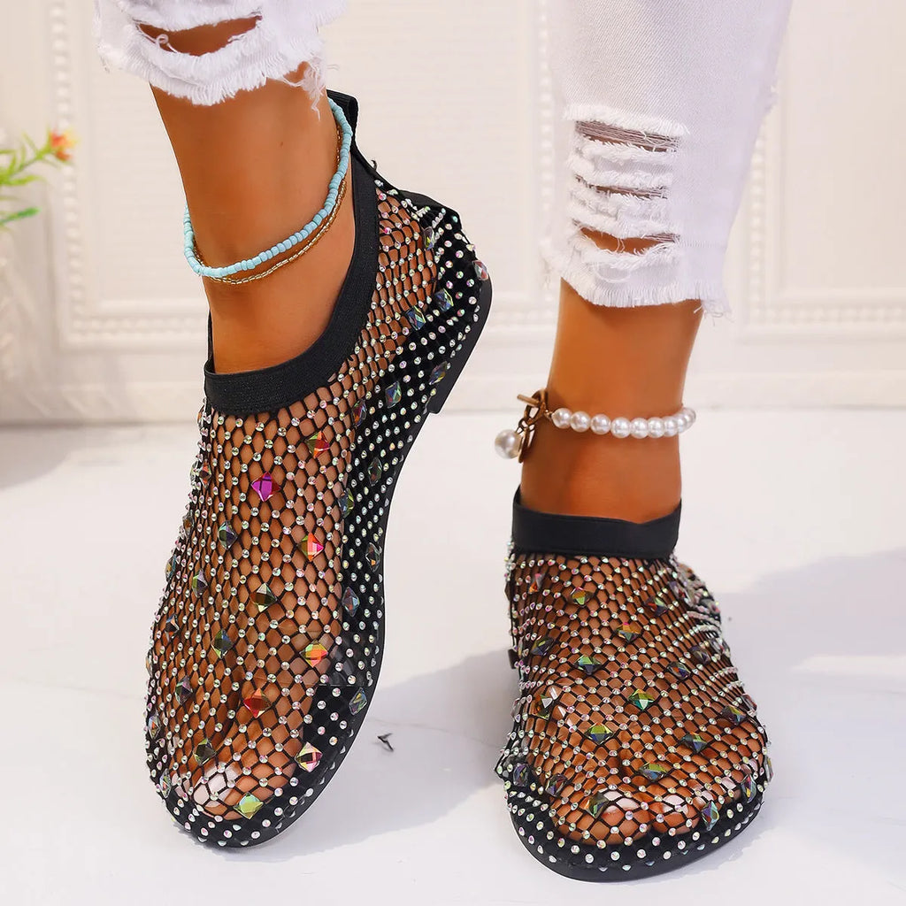 Women's mesh flat sandals with colourful rhinestone design on round toe, showing rubber sole and breathable upper