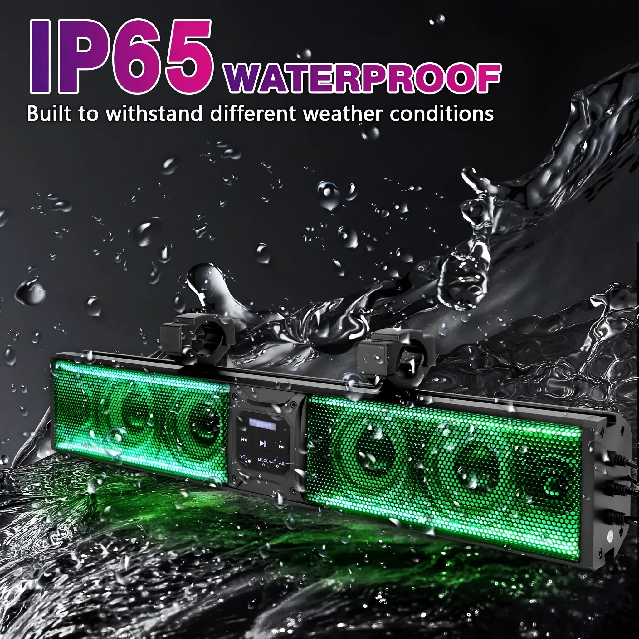 Personalized Beach Car Strip Bluetooth Audio System for golf carts and ATV vehicles showing speaker grilles and connectivity ports