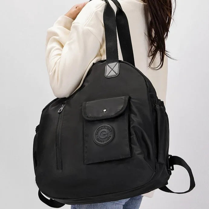 Outdoor backpack showing 48cm height with sandwich pocket compartment and medium hardness nylon construction