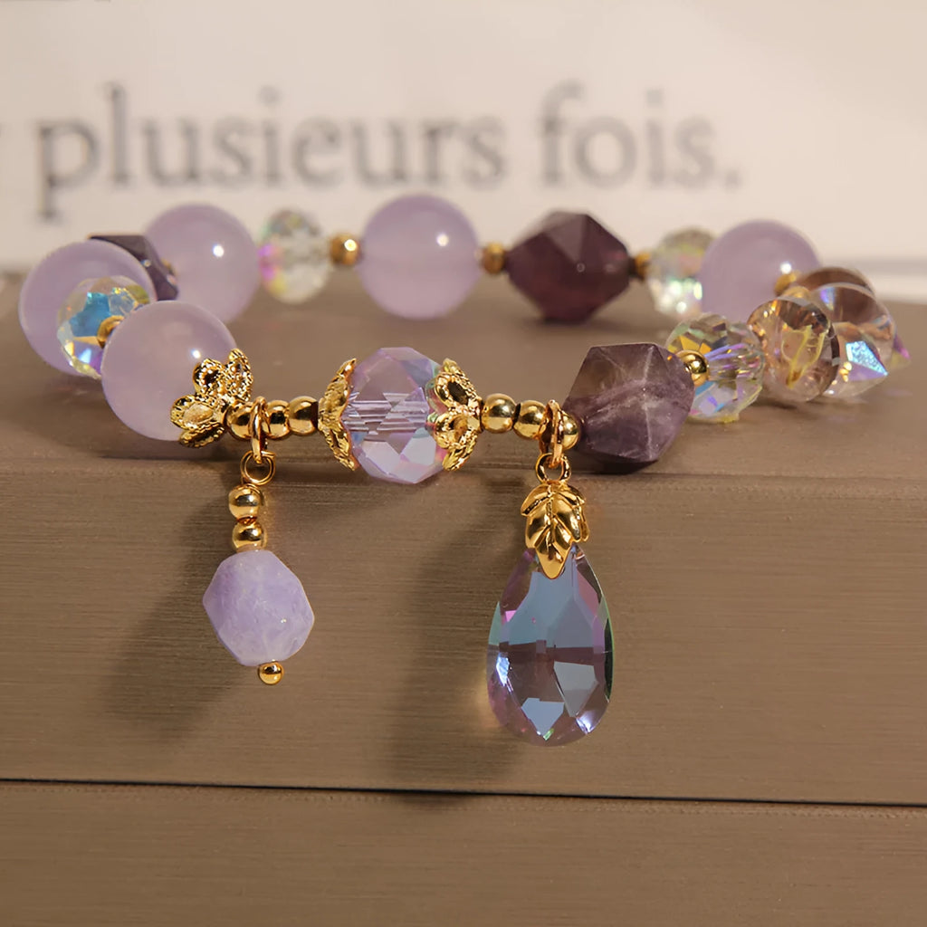 Lavender purple crystal water drop bracelet for children in a retro design.